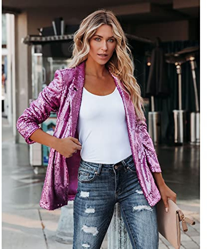 CUTTE Femmes Sequin Revers Blazer Costume Veste Décontracté Bureau Dame Travail Blazer Costumes à Manches Longues Porter Au Travail Ou Soirée,Rose,Red
