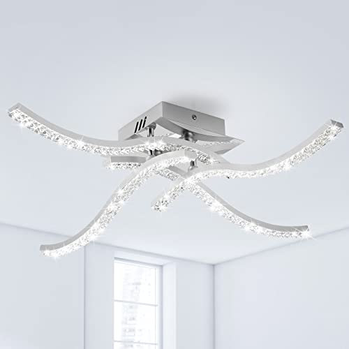 Zewanny LED Deckenleuchte, 32W Acryl Wellenförmige Deckenlampe 4-flammige 3520 Lumen Deckenleuchte für Esszimmer Wohnzimmer, Schlafzimmer, Küchenflur, Schlafzimmer (Chrom, 5500K Kaltes Weiß)
