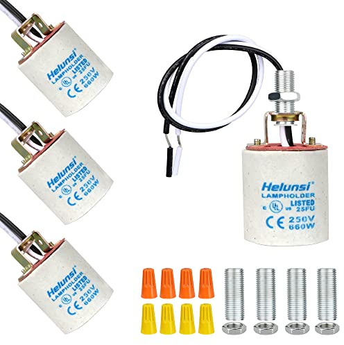E26 E27 Ceramic Light Socket, Helunsi Medium Base Porcelain Lamp Holder, Ceramic Light Bulb Socket with 12 Wire Lead, Medium Base Lampholder for Incandescent Led Light Bulbs Replacement (Pack of 4)