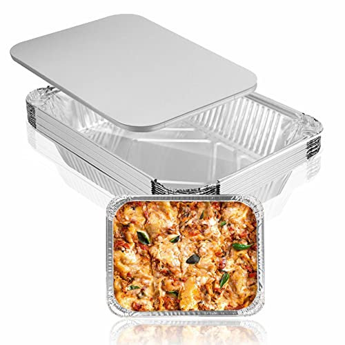 Contenedores de papel de aluminio con tapas, bandejas desechables medianas para hornear, platos de aluminio resistentes, ideales para asar, cocinar, barbacoa, bufés y fiestas (150 mmx119 mm)