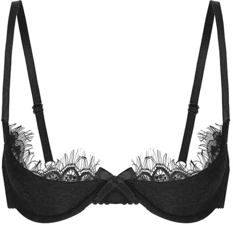 FEESHOW Womens Lace Underwired Push Up Bra Spaghetti Straps Shelf Brassiere Lingerie Underwear Black 4XL
