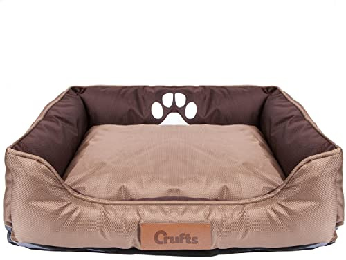 VFM/Crufts- Oxford Nylon Plush Rectangular Bolster Bed - Pet Bed - Medium (Brown) 62 X 50 X 17cm