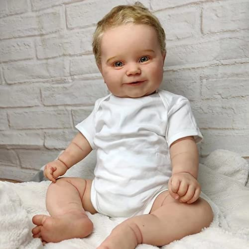 AIMERO Reborn Baby Puppen 60CM Neugeborener Junge BabyRealistischEchte Baby Puppe mit grünen Augen Blondes Haar Reborn Kleinkind Puppen für Geburtstag Geschenke Hildren Spielkameraden Spielzeug
