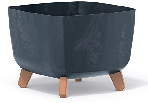 Maceta grande redonda baja de aspecto moderno para interiores y exteriores, decoración de jardín, patas de aspecto de madera (antracita)