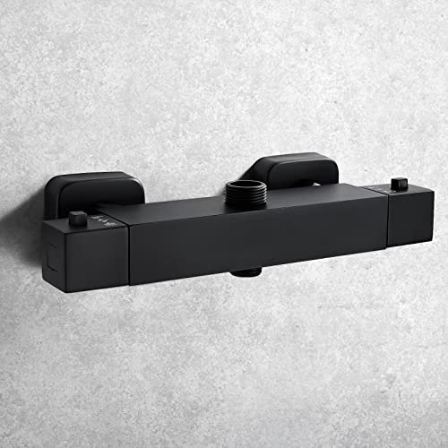 Solepearl Square Thermostatic Shower Mixer Bar Two Outlet, Matte Black Brass Twin Outlet Bar Shower Valve, Shower Mixer Bar Dual Outlet with TOP 3/4 BSP (26.4mm) + Bottom 1/2 BSP (21mm)