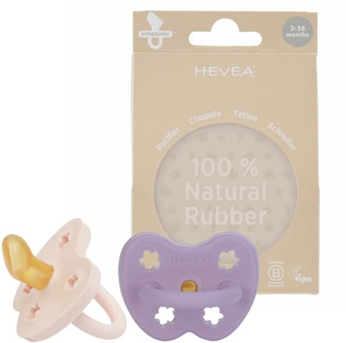 HEVEA Sucette Bebe PHYSIOLOGIQUE caoutchouc naturel / 3-36 mois - Sans BPA, PVC - Design Danois Tétine avec 4 Trous de Ventilation - Hygiénique - Pack de 2 tétines (Rose poudré & Lavande)