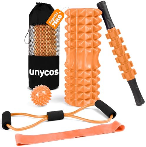 unycos - Set 5 en 1 de Rodillo【PVC/EVA】para Masaje Muscular | Foam Roller Soporta 75 kg, Palo y Bola de Masaje, Banda de Resistencia, Cuerda de Forma y Bolsa de Transporte (Naranja)