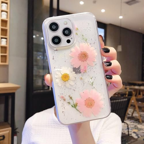 EYZUTAK Case for iPhone 15 Pro Max, Clear Soft Gel TPU Flexible Rubber Handmade Real Dried Flower Leaf Embedded Pressed Floral Protective Bumper Women Girls Back Cover - Pink
