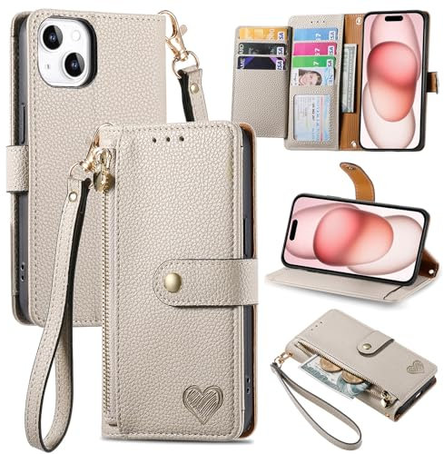 VEEMOS Zipper Wallet Case for Apple iPhone 15 Phone Case with Purse Card Holders RFID Blocking Leather Flip Case Book Cover Wrist Strap Women - Gray