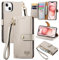 VEEMOS Zipper Wallet Case for Apple iPhone 15 Phone Case with Purse Card Holders RFID Blocking Leather Flip Case Book Cover Wrist Strap Women - Gray