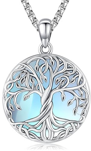 Friggem Femmes Colliers en Argent Sterling 925 Pendentif Arbre de Vie vec Pierre de Lune, Cadeaux de Bijoux D'anniversaire de Noël pour Femmes Filles (H-Collier arbre de vie)