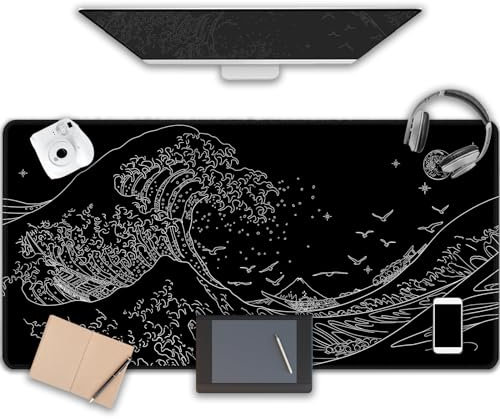 MEWOOCUE® Grand tapis de souris de jeu pour ordinateur, noir, motif vague de mer japonaise, tapis de souris long, XXL, imperméable, grand tapis de souris antidérapant pour jeu, bureau, maison (120 x
