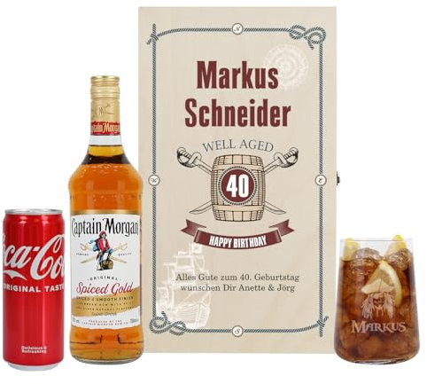 Herz & Heim® Das Captain Geschenkset mit graviertem Glas, Rum, Cola und bedruckte Geschenkbox aus Holz (Rumfass)