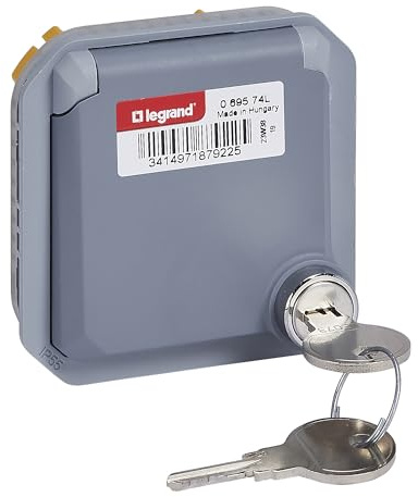 LEGRAND, Plexo New Einsatz, Feuchtraum-Steckdose, Schuko-Standard, inkl. Klappdeckel, Berührungsschutz, Steckklemmen, 16A, 250 Volt, IP55 - IK08 (inklusive Schloss), UltraWeiß, 069639L