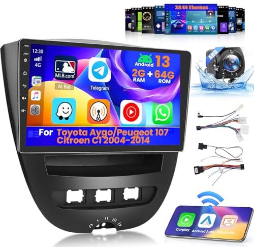 Inefala Android Autoradio für Toyota Aygo/Peugeot 107 / Citroen C1 2004-2014 mit Wireless CarPlay Android Auto 2+64G 10,1'' Bildschirm mit DSP 28UI FM RDS GPS Bluetooth WiFi SWC AHD Rückfahrkamera