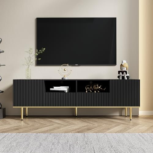 HAINEW Meuble TV moderne avec 2 tiroirs et 2 portes, meuble TV, avec compartiments ouverts et pieds dorés, pour salon, chambre à coucher (noir)