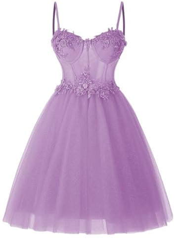 KURFACE Vestido corto de flores 3D con purpurina para adolescentes, tul brillante, tirantes delgados, vestido de graduación WSX558, Lila, 48