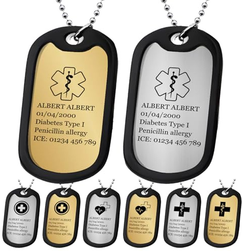 Collar de identificación médica personalizado grabado en una cara | Placa de identificación de emergencia de acero inoxidable grabada con nombre y texto