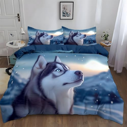 Quixora Bettwäsche-Set 135 x 200 cm Bettbezug Set Tiere Hund Husky Drucken für Jungen Kind Hypoallergen Drucken Bettwäsche Mikrofaser Blau Bettbezug mit Reißverschluss