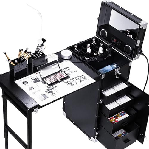 ZHIXUMM Faltbare Make-Up- Und Nagelstyling-Station Mit Rollen, Reise-Kosmetiktrolley, Aufbewahrungs-Organizer, Nageltische FüR Nageltechniker, Nagelstudio Mit Lautsprecher Und Spiegel,Black