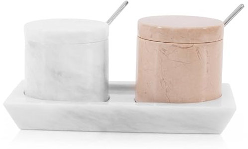 Radicaln Bodega de sal de mármol con tapa y bandeja de 7,6 cm, color blanco y Verona, juego de 2 tarros de condimentos, contenedor de almacenamiento de especias para encimera de cocina, tarros de
