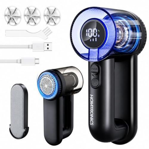 Homtronics Anti Bouloche Électrique, Type-C, Écran LED,6 Lames Remplaçables | 2000mAh, 3 Vitesses Réglables, Câble USB, Dual Protection, Rasoir Anti Bouloche,Idéal Vêtements Canapés Couvertures
