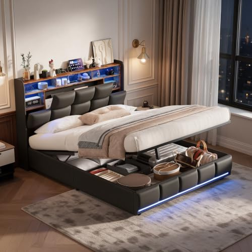 DADEA Boxspringbett 140x200 mit LED und USB, Polsterbett mit Bettkasten, Jugendbett 140x200 mit Bettkasten Boxspringbett mit Stauraum Doppelbett mit Kopfteil Bed with Storage Stauraumbett mit LED