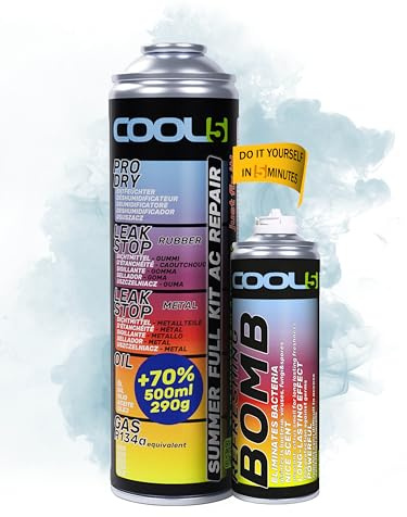COOL5 5 en 1 - Kit de Réparation Climatisation AC Remplacer R134a Recharge Climatisation pour Voiture 1995-2016 + Bombe Rafraîchissante + Nettoyant Universel 500ml