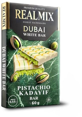 REALMIX Chocolat de Dubaï, Fourré À La Pistache Et Au Kadaïf, Fabriqué À Dubaï (U.A.E.), Tablette Chocolat Dubai, Expérience Gourmande de Crème de Pistache Façon Dubaï (60 grammes, Chocolat Blanc)
