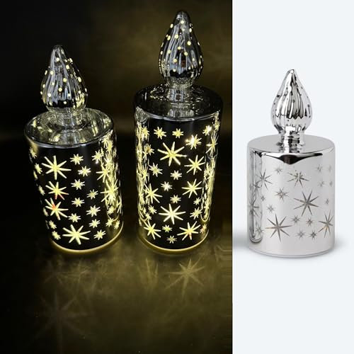 Online Fuchs 3er Set LED-Kerzen aus Glas mit Sternen, Lichterkette und 6-Stunden Timerfunktion - Deko für Herbst, Winter und Weihnachten (Silber)