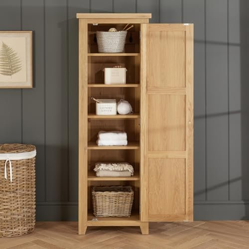 The Furniture Market | Cheshire Whitewash Oak | Single Shaker Linen Storage Cupboard | Tall Shaker Storage Cabinet | Adjustable Shelves & Hooks | Minor Assembly Required | H 1800 x W 610 x D 410mm