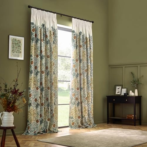 Morris&Co. Seaweed Pencil Pleat Curtain Pair – Lined Velvet Floral Art Nouveau Drapes (Stone/Sunflower - 229x229cm)