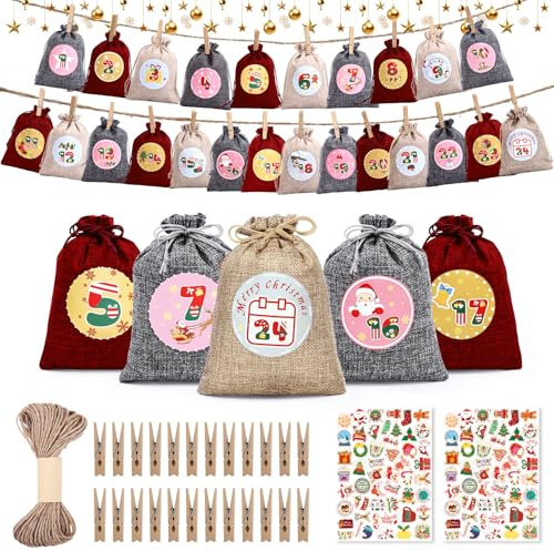 Chuner 2025 Weihnachtskalender Selbst Befüllen, 24X Adventskalender Stoffbeutel zum Befüllen Advents Kalender Stoffsäckchen, DIY Weihnachten Advents Säckchen Kinder Frauen, Mittel: 14x10cm