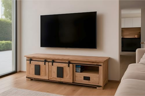 SAM Lowboard Libro IV 160x45x50 cm, Akazie Natur, TV-Board/Fernsehkommode | mit 2 Holzschiebetüren, Schublade & 3 offenen Fächern, Türelemente & Reling aus Eisen, Akazienholz naturfarben & massiv