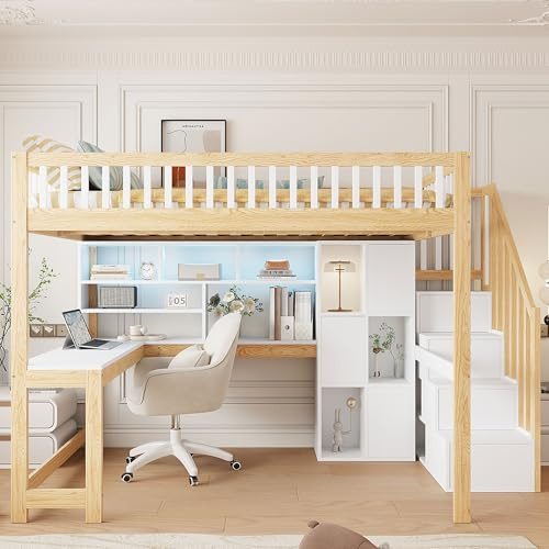Merax Hochbett 140x200 cm mit Stauraum & Schreibtisch – Jugendbett mit LED, Treppe & Regalen, Weiß+Natur, ohne Matratze