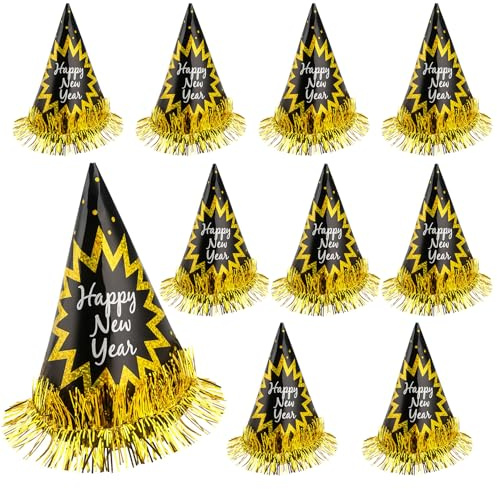 YCICHE 9 Stück Silvester Hüte, Schwarz und Gold - Kegelform - Mit Glitzer-Pailletten & Happy New Year Aufdruck, Ideal für Frohes Neues Jahr Party, Perfektes Silvester Deko