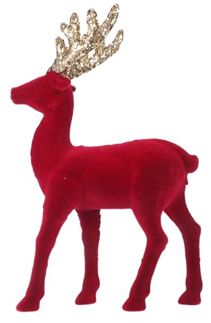VALICLUD Rote Samt Rentier Figur mit Glitzerdetails Weihnachtliche Dekofigur für Tisch Kamin und Festliche Wohnraumdekoration Flauschige Textur Klassisches Weihnachtsmotiv