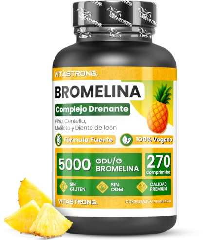 Vitastrong Bromelina Extra Forte Drenante 5000 GDU/g+2500 GDU/g, Estratto di Ananas, Integratore Bromelina e Centella, Tarassaco e Meliloto, 270 Compresse Vegan, Bromelain Senza Glutine, Lattosio, OGM
