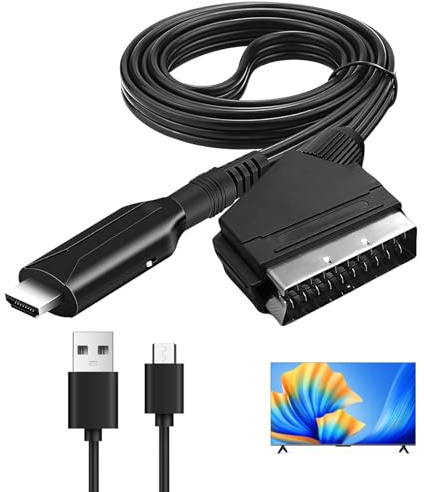 Convertisseur Péritel vers HDMI, Tout en Un Adaptateur Peritel vers HDMI 720p/1080p Audio Vidéo avec Câble d'alimentation D'entrée Scart Port de Sortie HDM pour HDTV Moniteur Projecteur DVD Blu-Ray