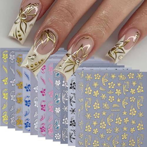 Giyehehi 12 Nail Stickers with Floral Designs for Nail Art, Hibiscus Flower Nail Decals, 3D Self-Adhesive Tropical Nail Designs, Butterfly Sliders, Summer Manicure Decorations
