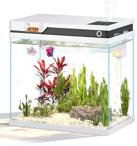 Vehipa 26L Aquarium-Komplettset mit Futterautomat und 4-in-1-Pumpe | Temperaturanzeige, 8 LED-Farben, einstellbarer Wasserfluss und separater Luftbefeuchter für Büro und Zuhause