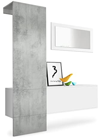 Vladon Garderobe Carlton Set 4, Made in Germany, Garderobenset bestehend aus 1 Garderobenpaneel, 1 Schrankmodul und 1 Wandspiegel, Weiß matt/Beton Oxid Optik (156 x 193 x 35 cm)