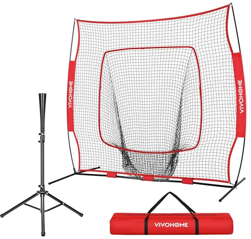 VIVOHOME Baseball & Softball Training Net with Batting Tee, 7 x 7 ft., Red