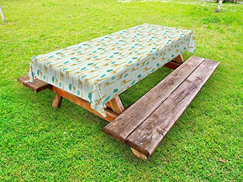 ABAKUHAUS Girafe Nappe Extérieure, Monstera Sun Symbole Cartoon, Nappe de Table de Pique-Nique Lavable et Décorative, 145 cm x 305 cm, Mint Green et Multicolor