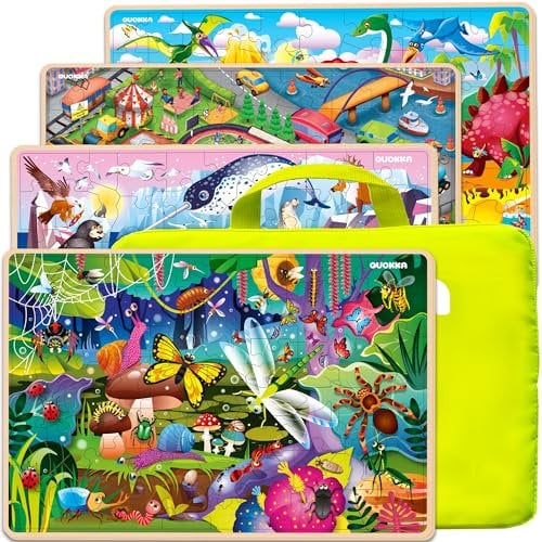 Wooden Jigsaw Toys For 3 4 5 Year Olds Boys & Girls - 4 Set Puzzles for 3 4 year olds by QUOKKA - Educational Gifts for 6 7 8 year old with Animals Dinosaurs City