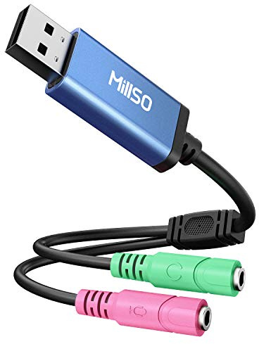 MillSO USB Audio Adapter Stereo External Sound Card, USB to 3.5mm TRS Headphone + Microphone Audio Jack Splitter for Dual-Plug Gaming Headset to Laptop, Desktop, PC, PS4, PS5 [Built_in Chip - 1 FT] | Sapphire Blue, Smart Chip, USB to 1/8 TRS Audio and Mic Jack Splitter for Dual-Plug Headset to Laptop, Desktop, PC, PS4, PS5