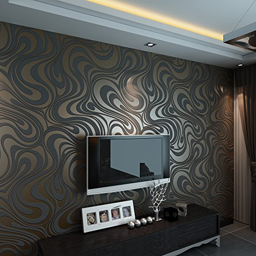 MEAIHOME Modern Abstract Curve Line 3D Striped Wallpaper Non-Woven Flocking for Living Room Bedroom TV Background Non-Pasted Black Brown Wallpaper Roll 2.29' W x 27.56' L