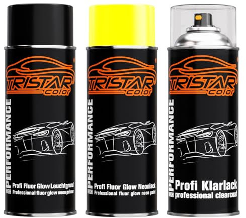 TRISTARcolor Profi Set Fluor Glow Neonlack Gelb glänzend mit Leuchtgrund + Klarlack Sprühdose Spraydose 400ml Autolack schnell trocknend