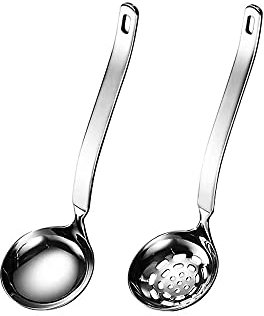 Collfa Louche à soupe en métal SUS304 en acier inoxydable avec cuillère et passoire fendue - Petite louche à soupe avec trous - Louches pour servir une sauce chaude ou un restaurant - Lot de 2