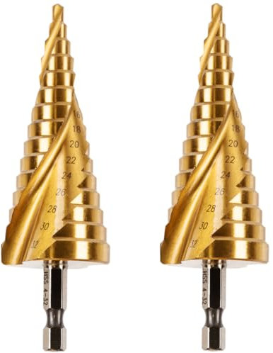 2 Pack - 4mm to 32mm Spiral Flute Step Drill Bits High Speed Steel Titanium Coated, Metric Hex Shank, HSS Tool Set for DIY Plastic Wood Steel Metal Aluminum. Cone Cutter Hole Cutter Drill Bits
